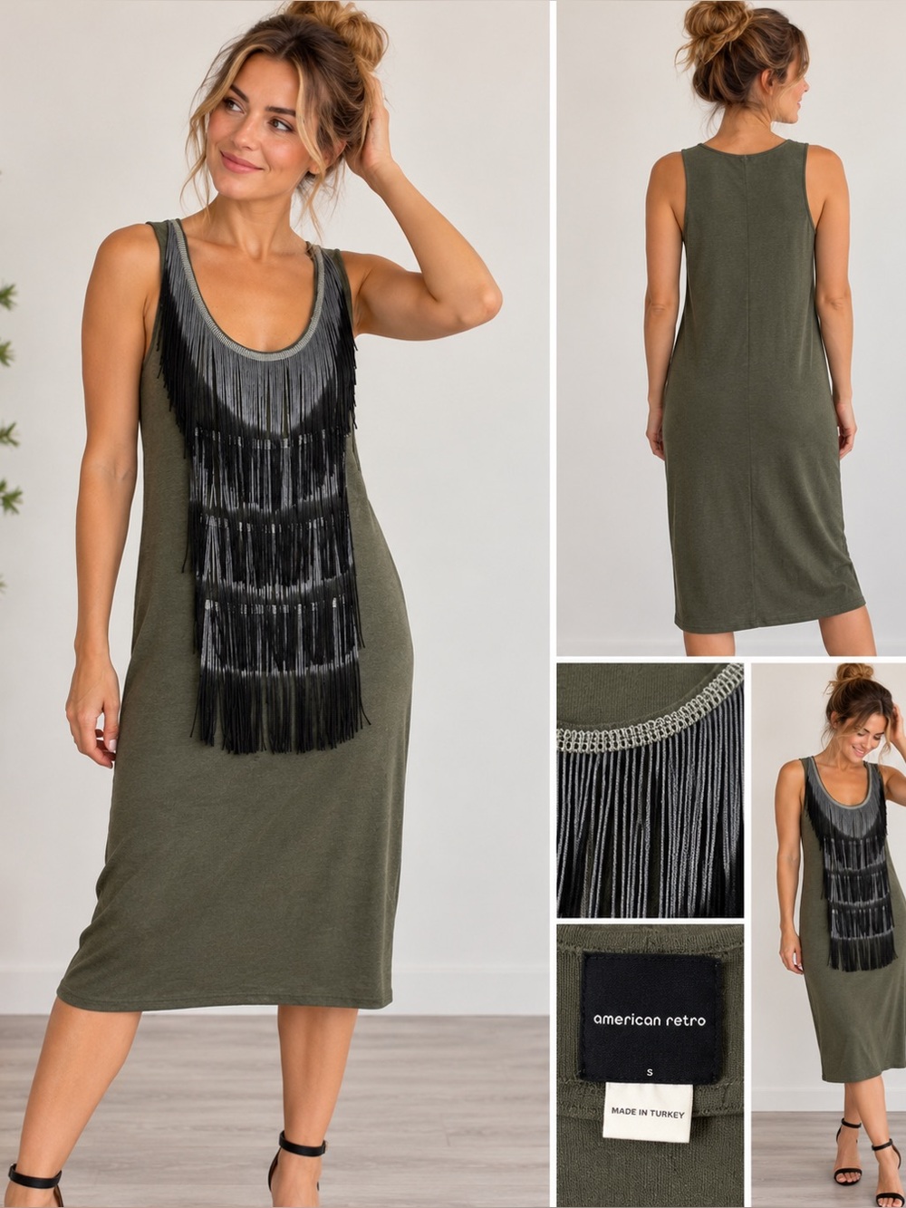 American Retro Paris Merino Wool Fringe Midi Dress Olive Black Boho Sz 2